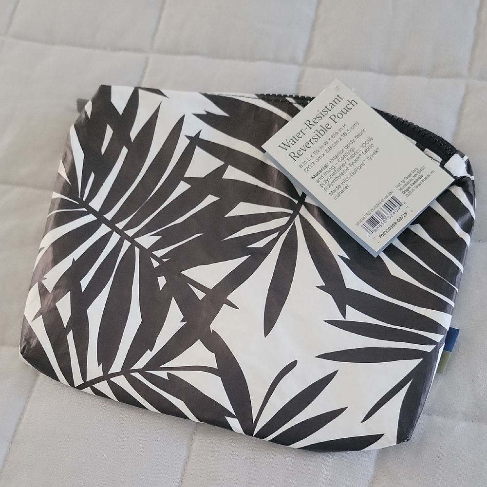 NWT Open Story Reversible Waterproof Black and White Leaf Print Pouch